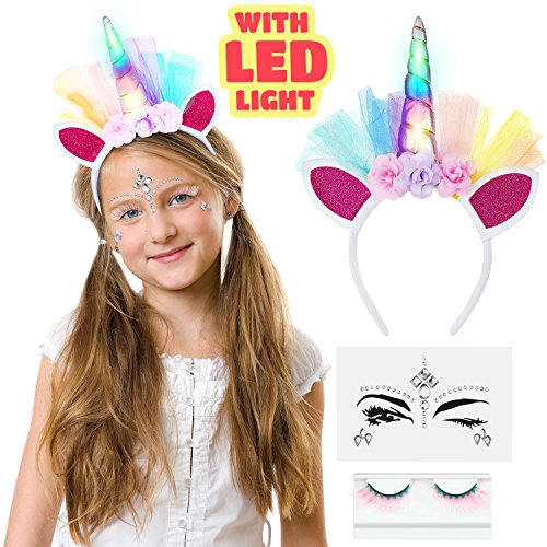 Product Cover LED Unicorn Headband With Eyelashes And Face Jewelry Set for Toddlers, Children, Teens, Adults For Party. Decorative Floral Headpiece Long Lasting Flashing Lights. Glow In The Dark With On/Off Switch.