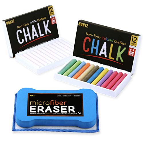 Product Cover Huntz Non-Toxic White Dustless Chalk (12 ct Box) and Colored Dustless Chalk (12 ct Box) Bundle/Premium Microfibre Eraser