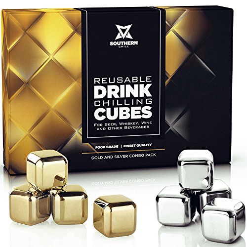 Product Cover Whiskey Stones Luxury Gift Set - Stainless Steel Rocks 4 Gold + 4 Silver Combo - Reusable Ice Cubes with Barman Tongs and Freezer Tray | by Southern Chill