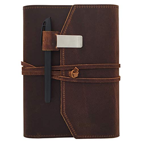Product Cover Refillable Leather Journal Writing Notebook - Lay Flat Blank Notepad 100 Sheets, Handmade Leather Bound Diary with Inner Pockets, Pen & Pen Holder, 100gsm Thick Paper, A5 Size