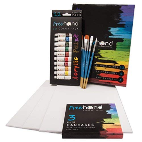 Product Cover Acrylic Paints - 12 Paint Tubes - 6 Brushes - 3 Canvas Panels - Premium Acrylic Paint Set, Painting Canvas, and Acrylic Paint Brushes for Teens, Kids and Adults