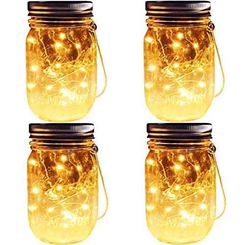 Product Cover Solar Mason Jar Lights, 4 Pack 30 Leds Waterproof Fairy Firefly String Lights Build-in Glass Mason Jar, Best Patio Garden Decor Solar Hanging Lanterns Outdoor Warm White (4 Pack-Mason Jars Included)