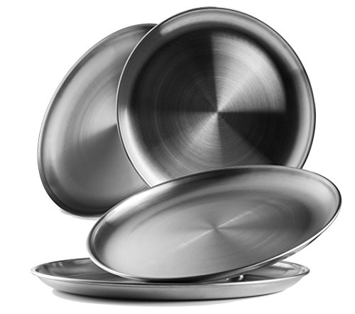 Product Cover Reusable Brushed Metal 18/8 Dinner Plates- Vintage Quality 304 Stainless Steel Silver Color Heavy Duty Kitchenware Round Metal 9 Inch Plates | Dishwasher Safe | BPA Free| Use for BBQ Steak [4 PC]