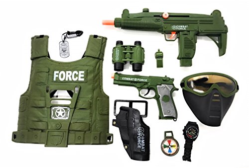 Product Cover Military Friction Combat Force 10 Piece Boys Toys Playset, Boys Action Playset w/ Friction Gun , Watch , Mask , Army Vest , Tags & Accessories , Kids Military Costume , Army Costume for Kids
