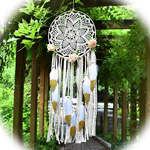Product Cover EasyBravo Large Boho Dream Catcher with Glitter Gold Feather Macrame Wall Hanging for Vintage Wedding Home Decorations 27.6