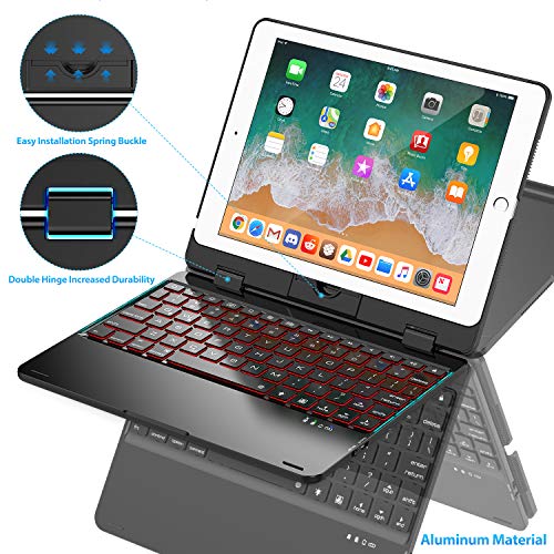 Product Cover Keyboard Case Compatible with iPad 2018 (6th Gen)/ 2017 (5th Gen)/ iPad Pro 9.7/ iPad Air 2 & 1 | 360 Rotatable & Aluminum iPad Case with Keyboard - 7 Colors Backlit & Breathing Light (Black)