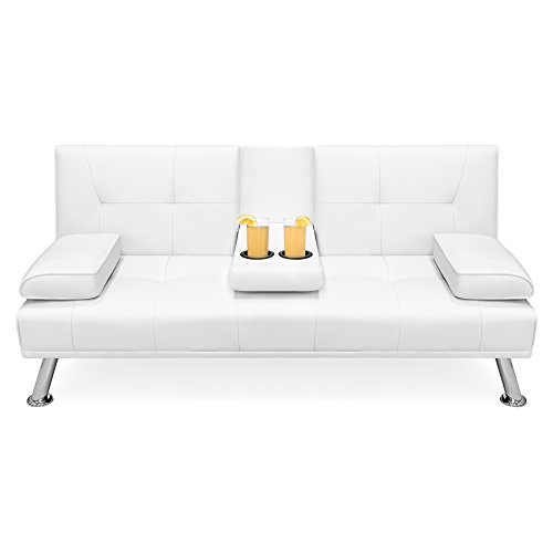Product Cover Best Choice Products Faux Leather Modern Convertible Folding Futon Sofa Bed Recliner Couch w/Metal Legs, 2 Cup Holders, White