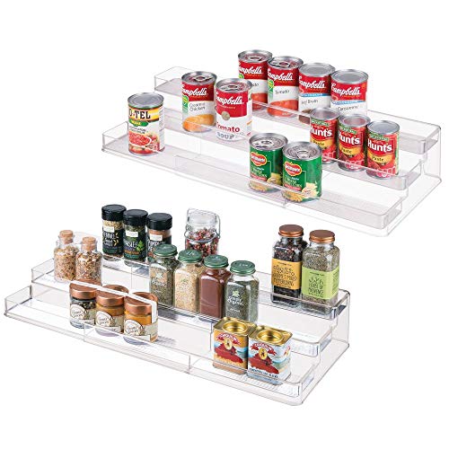 Product Cover mDesign Large Plastic Adjustable, Expandable Kitchen Cabinet, Pantry, Shelf Organizer/Spice Rack with 3 Tiered Levels of Storage for Spice Bottles, Jars, Seasonings, Baking Supplies - 2 Pack - Clear