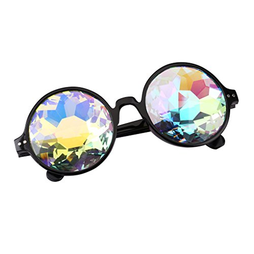Product Cover Round Kaleidoscope Glasses Rainbow Prism Sunglasses for Women Men OULYLAN Party Rave Festival Glasses with Grey Sun Glasses Cloth Bag