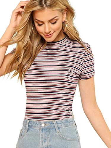 Product Cover Milumia Women's Casual Multi Striped Ribbed Short Sleeve Tee Knit Top