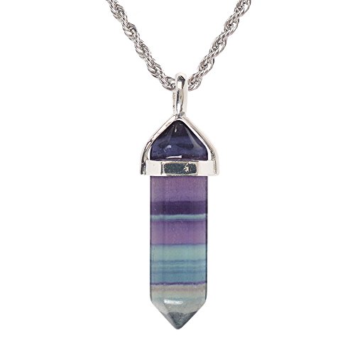 Product Cover Natural Rainbow Fluorite Gemstone Hexagonal Pointed Reiki Chakra Pendant Necklace 20