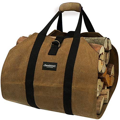 Product Cover Amagabeli Fireplace Carrier Waxed Canvas Fire Place Sturdy Wood Carring Bag with Handles Security Strap for Camping Indoor Firewood Logs Tote Holder Birchwood Stand