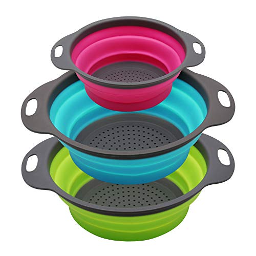 Product Cover Qimh Collapsible Colander Set of 3 Round Silicone Kitchen Strainer Set - 2 pcs 4 Quart and 1 pcs 2 Quart- Perfect for Draining Pasta, Vegetable and fruit (green,blue, purple)