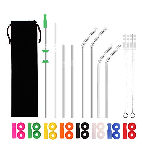 Product Cover HANTAJANSS Stainless Steel Straws Set of 8 Drinking Straws with Silicone Silencers and Comfort Tips Cover Metal Drink Straw for 30 20 Ounce Tumblers Cleaing Brush Included