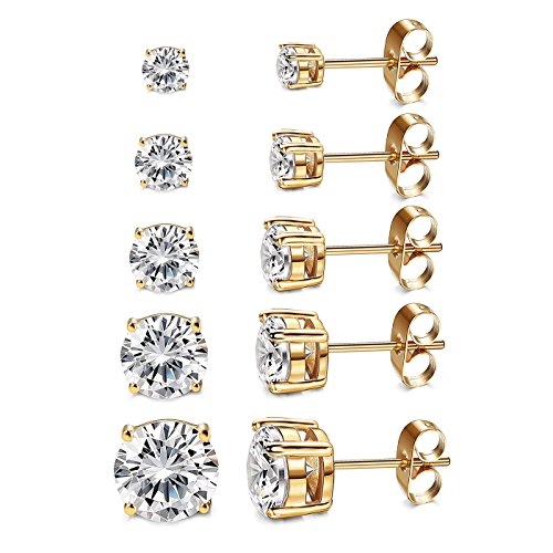 Product Cover Women's 18K Gold Plated CZ Stud Earrings Simulated Diamond Round Cubic Zirconia Ear Stud Set（5 Pairs)