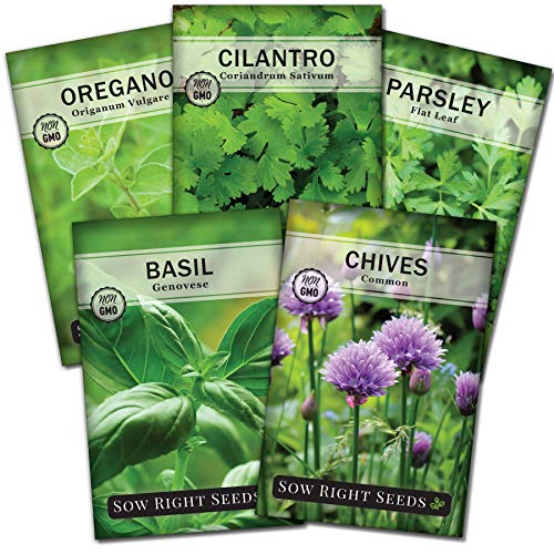 Product Cover Sow Right Seeds - Herb Garden Seed Collection - Basil, Chives, Cilantro, Parsley, and Oregano Seeds for Planting; 5 Individual Packets
