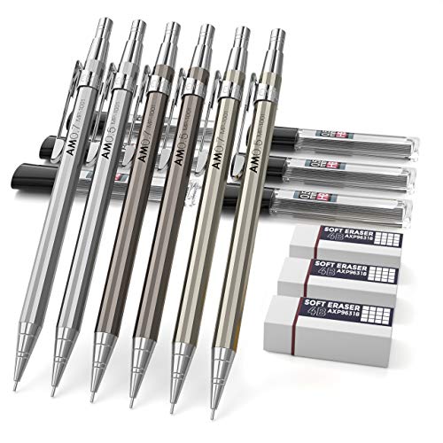 Product Cover Nicpro 6PCS Mechanical Pencils,Metal Automatic Drafting Pencil 0.5 mm and 0.7 mm Graph Pencil With 6 Tubes HB Lead Refills and 3 Erasers For Writing Draft, Drawing, Sketching -Come With Case