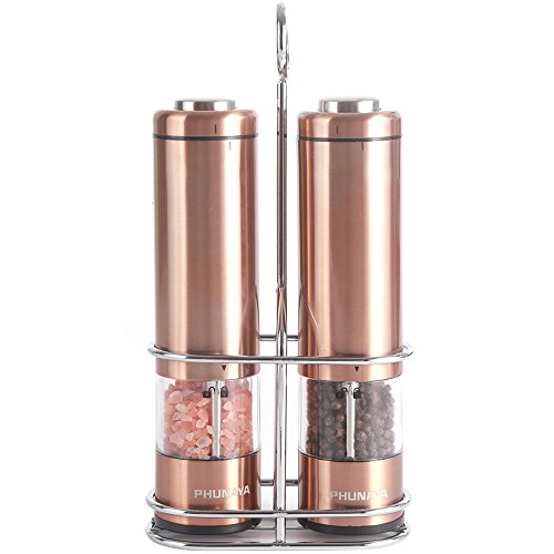 Product Cover Phunaya Electric Salt and Pepper Grinder Set With Upgraded Motor | Complimentary 304 Stainless Steel Mill Stand | LED Light |Battery Operated | Adjustable Ceramic Coarseness |set of 2 (Copper)