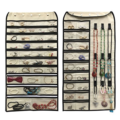 Product Cover Btromeshy Hanging Jewelry Organizer,Double Sided 56 Pockets and 9 Hook Loops for Holding Jewelry (Beige)