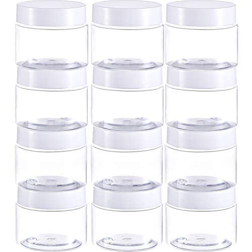 Product Cover Empty 12 Pack Clear Plastic Slime Storage Favor Jars Wide-Mouth Plastic Containers with Lids for Beauty Products, DIY Slime Making or Others (2 Ounce, White)