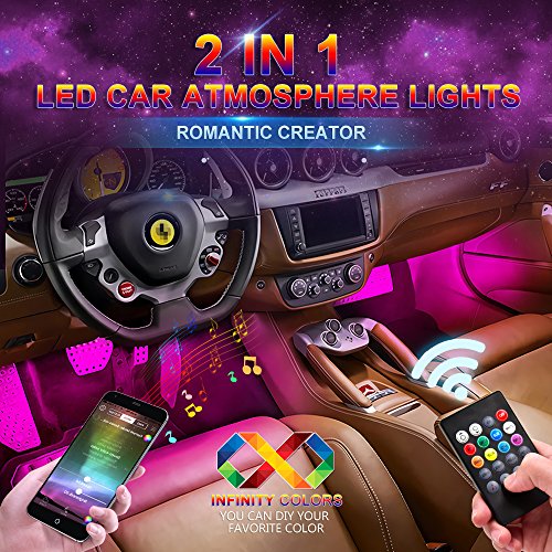 Product Cover Car LED Strip Light, Wsiiroon Upgraded Remote and APP Two-in-one Control Multicoloured Music Car Interior Lights, 4pcs 48 LED, Sound Active Function, Waterproof, Multi-Mode Change(DC 12V)