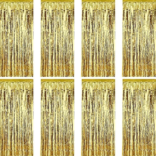 Product Cover Sumind 8 Pack Foil Curtains Fringe Curtains Tinsel Backdrop Metallic Curtains for Birthday Wedding Party Photo Booth Decorations (Gold)