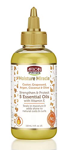 Product Cover African Pride Moisture Miracle 5 Essential Oils - Contains Castor, Grapeseed, Argan, Coconut & Olive Oil, Seals in Moisture & Adds Shine, Vitamin E, 4 oz