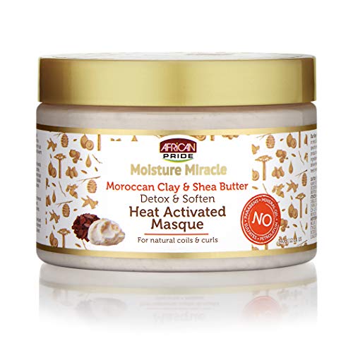 Product Cover African Pride Moisture Miracle Moroccan Clay & Shea Butter Heat Activated Masque - For Natural Coils & Curls, Detoxes & Softens, Removes Impurities & Product Build-Up from Hair 12 oz