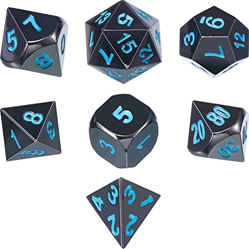 Product Cover TecUnite 7 Die Metal Polyhedral Dice Set DND Role Playing Game Dice Set with Storage Bag for RPG Dungeons and Dragons D&D Math Teaching (Shiny Black and Blue)