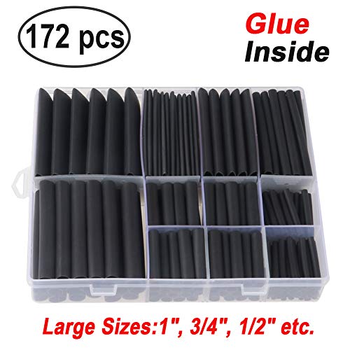 Product Cover 172pcs 3:1 Dual Wall Adhesive Heat Shrink Tubing Kit, 7 Large Sizes (Diameter): 1, 3/4, 1/2, 3/8, 1/4, 3/16, 1/8-inch, Marine Wire Sleeve Tube Assortment with Storage Case for DIY by MILAPEAK (Black)