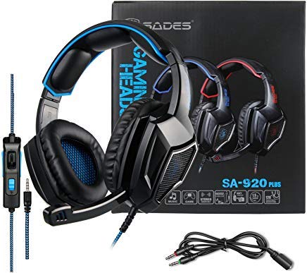 Product Cover Stereo Gaming Headset PS4 Xbox One S, SADES SA920PLUS Noise Cancelling Over Ear Headphones with Mic, Bass, Soft Memory Earmuffs for PC Laptop Mac Nintendo Switch Games Mobile(Black Blue)