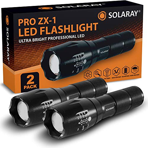 Product Cover (New) SOLARAY Handheld LED Tactical Flashlights - Professional Series ZX-1 (2 Pack) - Super Bright High Lumen - 5 Light Modes, Adjustable Focus, Outdoor Water Resistant