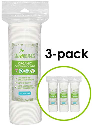 Product Cover Cotton Rounds Organic by Sky Organics (300 ct. 3 x 100), Fragrance & Chlorine-Free Cotton Pads, 100% Biodegradable Ultra Absorbent Cotton Pads, Cruelty-Free Natural Make Up Removal & Personal Care