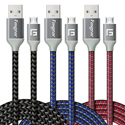 Product Cover Fasgear Micro USB Cable, 3 Pack (6ft/2M) Fasgear Fast Charging Data Colorful Nylon Braided Cords with Metal Connectors Compatible with Android, Samsung Galaxy S7/S7edge, HTC and More (Blue,Black,Rose)