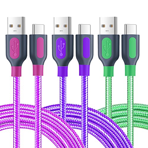 Product Cover USB Type C Cable, Pofesun (3-Pack 6.6ft) USB A to USB-C Fast Charger Nylon Braided Cord Compatible with Galaxy S10 S9 S8 Plus Note 9 8,Moto Z Z3,LG V50 G8,Switch,Other USB C Devices(Purple/Green/Rose)