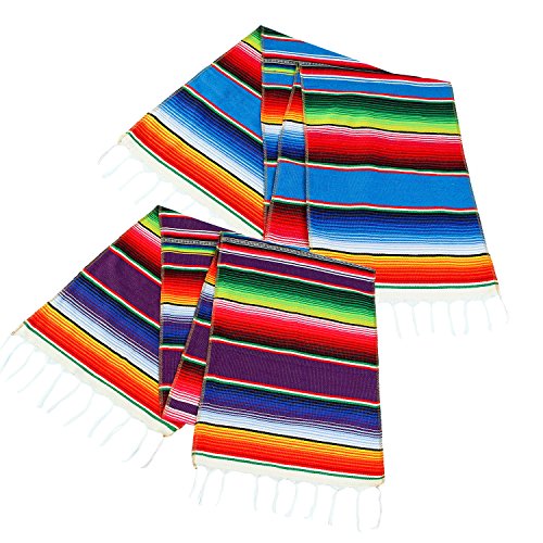 Product Cover Aneco 2 Pack 14 by 84 Inch Mexican Table Runner Mexican Serape Blanket Cotton Colorful Fringe Table Runners for Mexican Party Wedding Kitchen Outdoor Decorations
