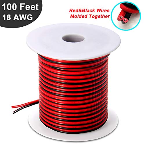 Product Cover 100FT 18 AWG Gauge Electrical Wire, DC 12V Hookup Red Black Copper Stranded Auto 2 Cord, Flexible Extension Cable with Spool for LED Ribbon Lamp Light or Low Voltage Products by MILAPEAK