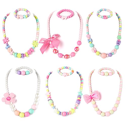 Product Cover PinkSheep Beaded Necklace and Beads Bracelet for Kids, 6 Sets, Little Girls Jewelry Sets, Favors Bags for Girls (Big Beads)
