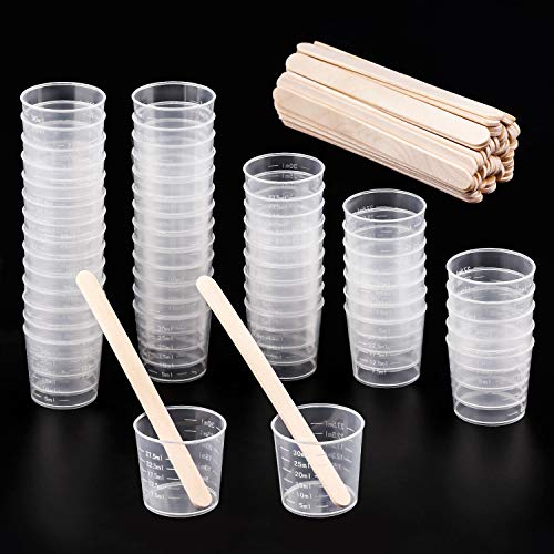 Product Cover WXJ13 50 Pack 30ml Plastic Graduated Cups Transparent Scale Cups with 50 Pack Wooden Stirring Sticks for Mixing Paint, Stain, Epoxy, Resin