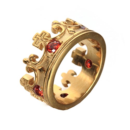 Product Cover Oakky Men's Women's Stainless Steel Retro Royal King Crown Red Gemstone Inlaid Domineering Ring