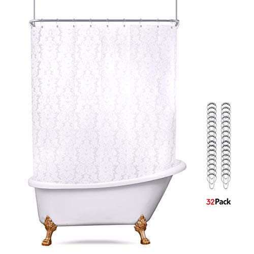 Product Cover Riyidecor White Floral Damask All Around Shower Curtain Set 180 x 70 Inches Extra Wide Clawfoot Tub Heavy Duty Shower Panel PEVA Waterproof Material with 32-Pack Shower Hooks