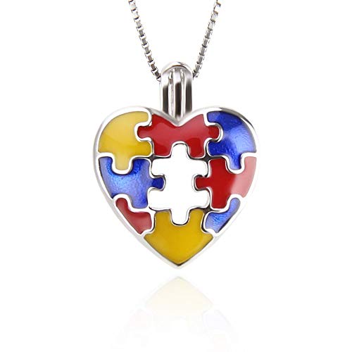 Product Cover LGSY Sterling Silver Heart Colorful Autism Puzzle Cage Pendants for Pearl Jewelry Making, Design Cage Pendants for Women Girls