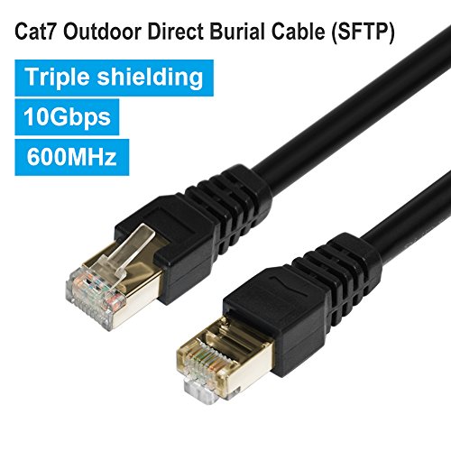 Product Cover Outdoor Cat7 Ethernet Cable 3ft Black,PHIZLI Shielded Grounded UV Resistant Waterproof Buried-able Network Cord 10 Gigabit 600MHz Triple Shielded (SFTP) with OFC for Modem, Router, LAN, CCTV,Computer