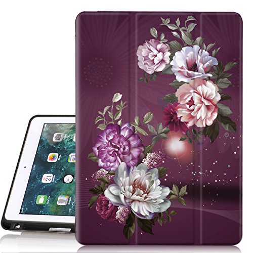 Product Cover Hocase iPad 6th/5th Generation Case, Trifold Folio Smart Case with Apple Pencil Holder, Auto Sleep/Wake Feature, Soft TPU Back Cover for iPad A1893/A1954/A1822/A1823 - Royal Purple/White Flowers