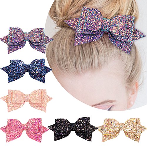 Product Cover 5 Inch Glitter Hair Bows Boutique Hair Clips 6 Pcs Multi Color Glitter Sequins Big Hair Bows for Baby Girls Teens Toddlers