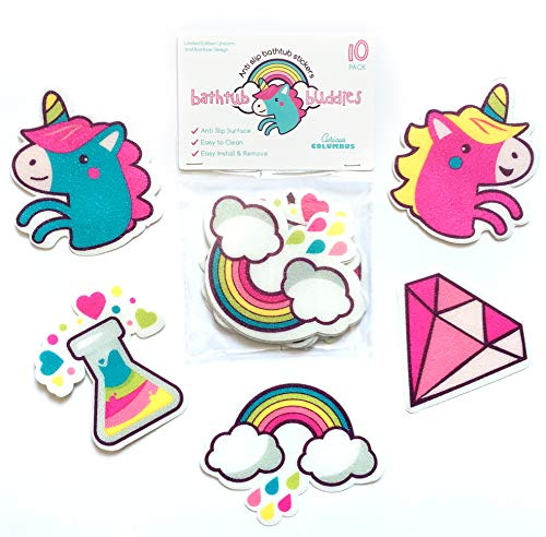 Product Cover Curious Columbus Non-Slip Bathtub Stickers. Pack of 10 Large Unicorns and Rainbows Decal Treads. Best Adhesive Safety Anti-Slip Appliques for Bath Tub and Shower Surfaces