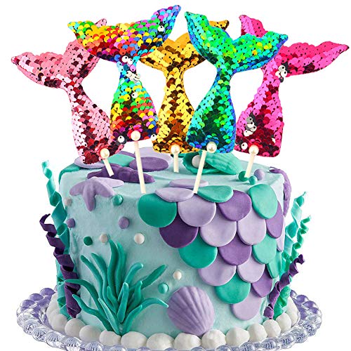 Product Cover MAXHOPE Mermaid Tail Cake Toppers Set Reusable Sequin Reversible Mermaid Cake Decoration Novelty Party Supplies for Baby Shower, Bridal Shower, Wedding and Birthday Party(Set of 5)