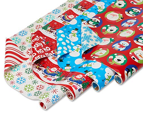 Product Cover American Greetings Reversible Wrapping Paper, Santa, Snowflakes, Snowmen and Characters, 4-Rolls, 160 Total Sq. Ft