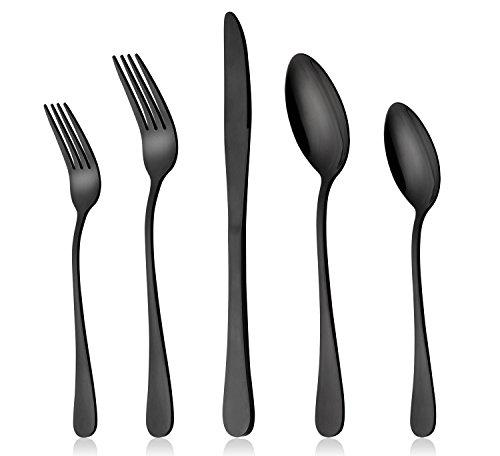 Product Cover Black Silverware Set, LIANYU 20-Piece Stainless Steel Flatware Cutlery Set for 4, Mirror Finish, Dishwasher Safe, Nice Box Package