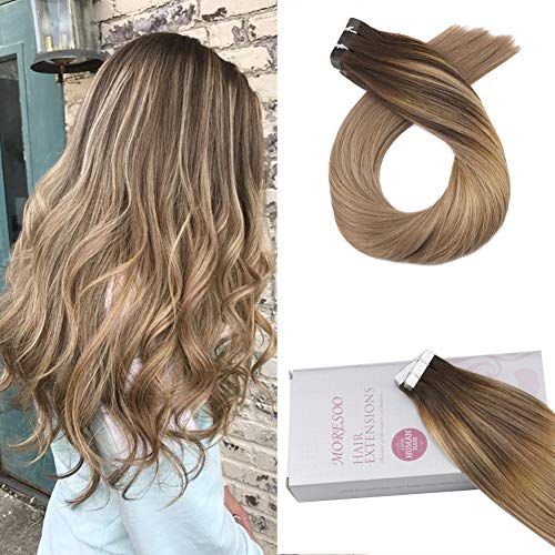 Product Cover Moresoo 14 Inch Tape in Extensions Human Hair Real Hair Extensions Color #3 Brown Fading to #12 Honey Blonde Balayage Hair Extensions Skin Weft Tape in 20pcs 50G Tape in Hair Extensions